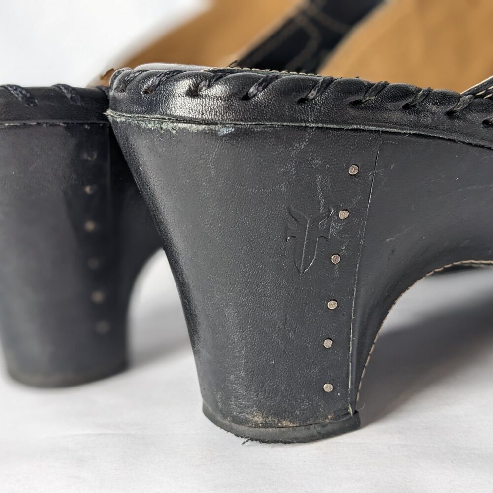 FRYE Leather Shoes Black Mule Clogs 3" Heel Charlotte Flower Size 8.5 M - Picture 9 of 14